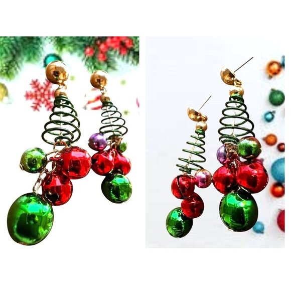 Christmas Tree Earrings New Handmade Jingle Bells Dangle Posts Festive P… - Picture 6 of 12